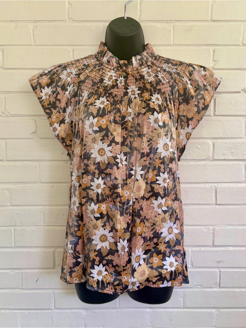 Moodie Smocked High-Neck Blouse in Floral Black Pattern, SZ L NWOT - Picture 2 of 11